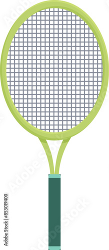 Green tennis racket with black handle standing up isolated