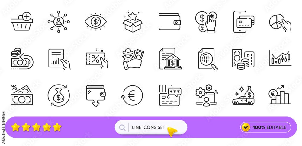 Change money, Add purchase and Exchange currency line icons for web app. Pack of Document, Money wallet, Euro rate pictogram icons. Networking, Phone pay, Wallet signs. Card. Search bar. Vector Change money, Add purchase and Exchange currency line icons for web app. Pack of Document, Money wallet, Euro rate pictogram icons. Networking, Phone pay, Wallet signs. Card. Search bar. Vector