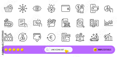 Change money, Add purchase and Exchange currency line icons for web app. Pack of Document, Money wallet, Euro rate pictogram icons. Networking, Phone pay, Wallet signs. Card. Search bar. Vector