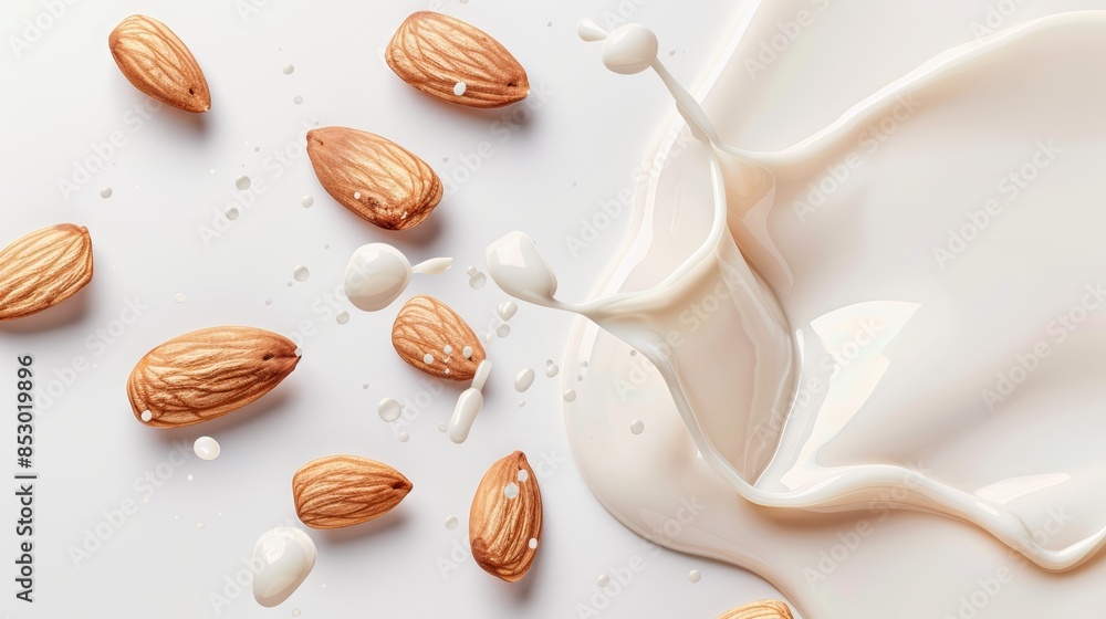 Almond milk splashing vividly on a white background, high-speed photography capturing each droplet's movement, ideal for commercial advertising, clean and detailed Almond milk splashing vividly on a white background, high-speed photography capturing each droplet's movement, ideal for commercial advertising, clean and detailed