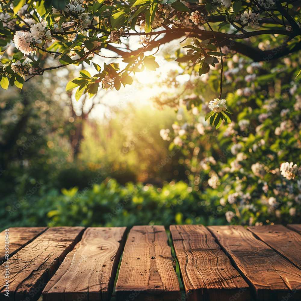 Spring beautiful background, summer background, background with green lush young foliage, background with flowering branches with empty wooden table in nature in sunlight in the garden, template