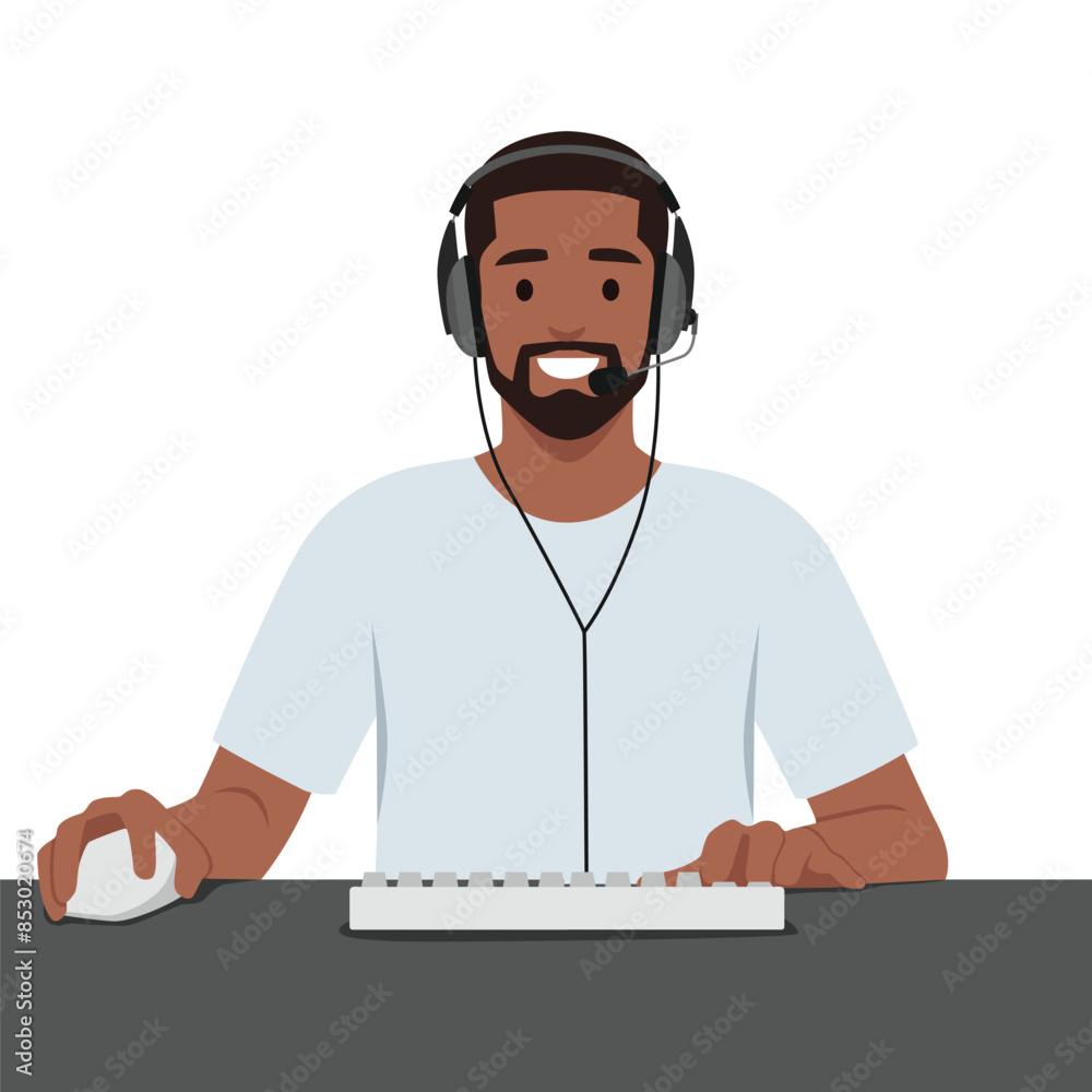 Young man plays the computer game front view, wearing headphone. Flat vector illustration isolated on white background Young man plays the computer game front view, wearing headphone. Flat vector illustration isolated on white background