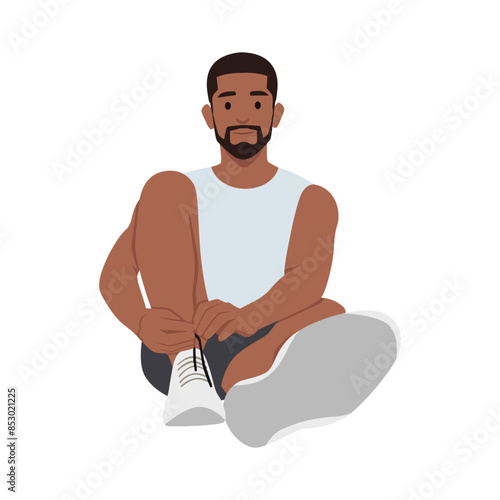 Fitness man tying shoelaces jogging running activities. Flat vector illustration isolated on white background
