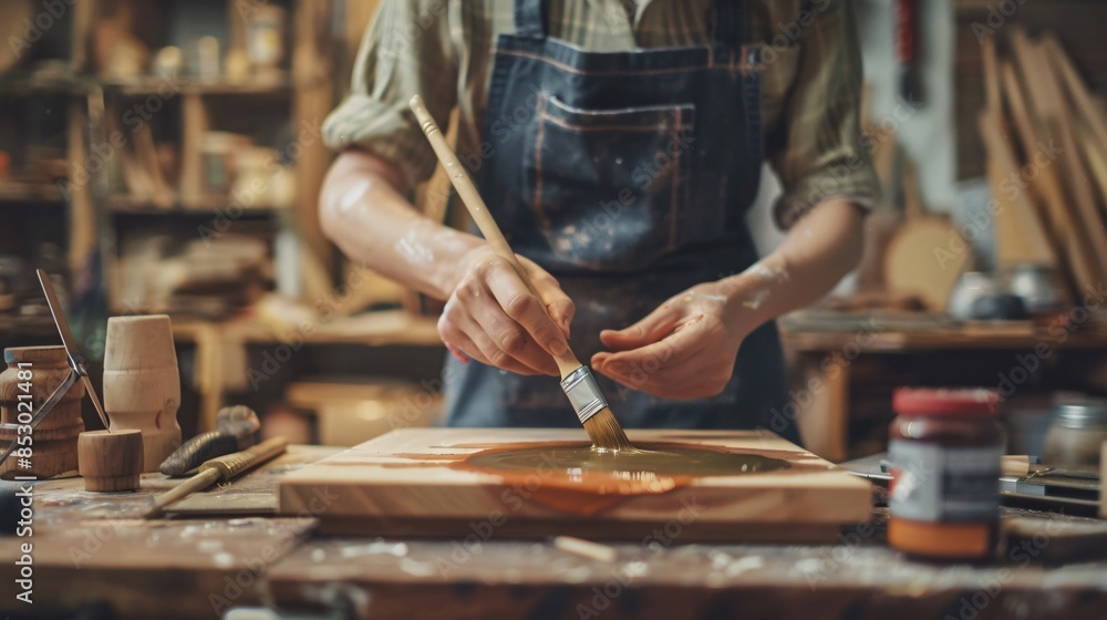Hands of a person using a paintbrush to apply finishing touches to a piece of handcrafted furniture, surrounded by woodworking tools and materials Hands of a person using a paintbrush to apply finishing touches to a piece of handcrafted furniture, surrounded by woodworking tools and materials