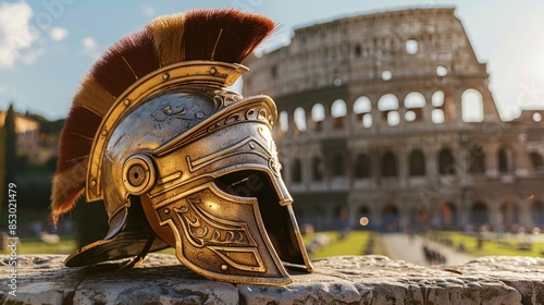 Ancient Roman Gladiator Helmet in Front of Colosseum at Sunset photo