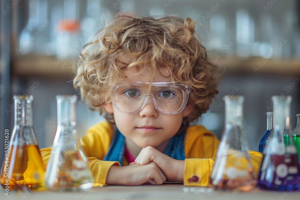 A young boy wearing glasses is looking at a table full of glass beakers A young boy wearing glasses is looking at a table full of glass beakers