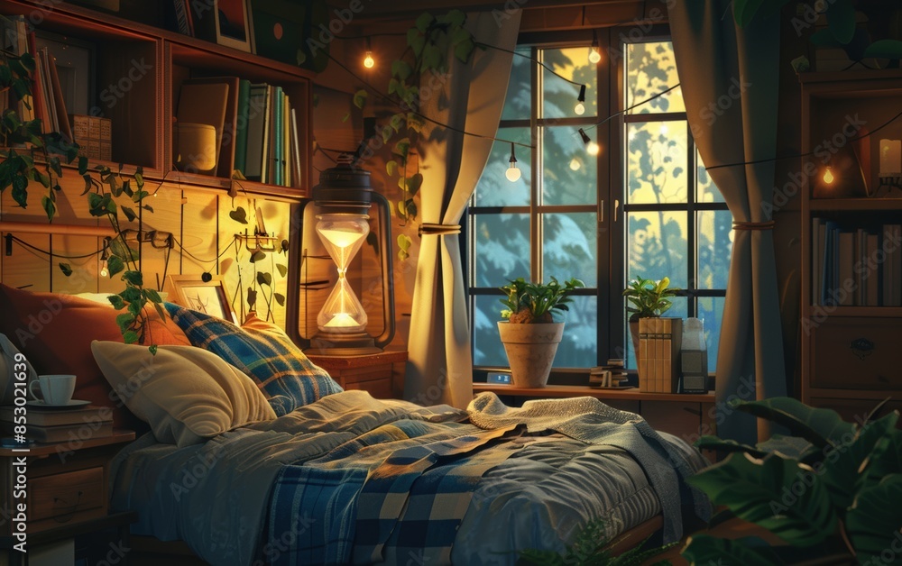 Cozy bedroom with warm lighting, plants, a window view, and a comfortable bed with blue checkered bedding. Perfect for relaxation. Cozy bedroom with warm lighting, plants, a window view, and a comfortable bed with blue checkered bedding. Perfect for relaxation.