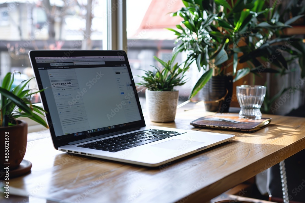 Open Laptop on Wooden Desk With Greenery Near Window Open Laptop on Wooden Desk With Greenery Near Window