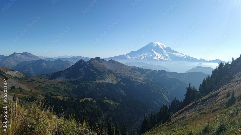 Mountainous Landscape with a Distant Snow-Capped Peak Mountainous Landscape with a Distant Snow-Capped Peak