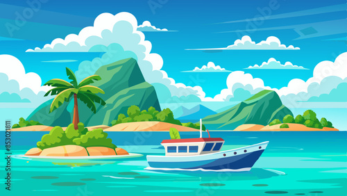 A boat in turquoise ocean water with a backdrop of blue sky, white clouds, and a tropical island. A perfect natural landscape for a summer vacation