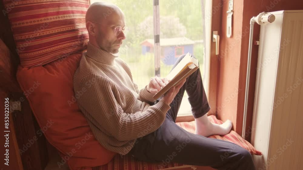 Young man relaxing with book on windowsill in old house, reclining on windowsill, self-reflection, quiet moment, private retreat Young man relaxing with book on windowsill in old house, reclining on windowsill, self-reflection, quiet moment, private retreat
