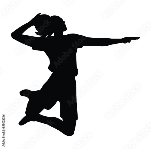 Black silhouette of a high-jumping women's volleyball girl player in profile who aims and throws the ball forward