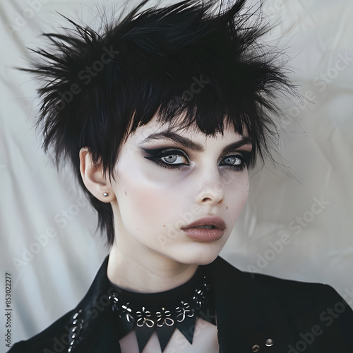 photo shot of a woman, dressed as goth with dark makeup, side view