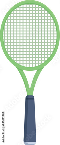 Green tennis racket standing up on white background, perfect for sports and leisure concepts