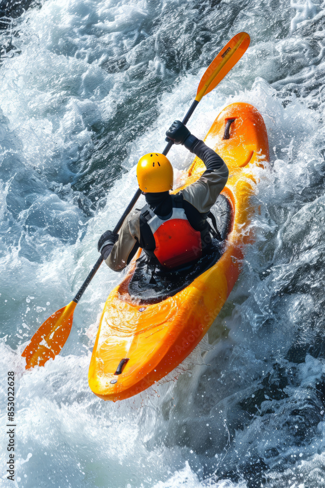 Naklejka premium Kayaker navigating whitewater rapids in california