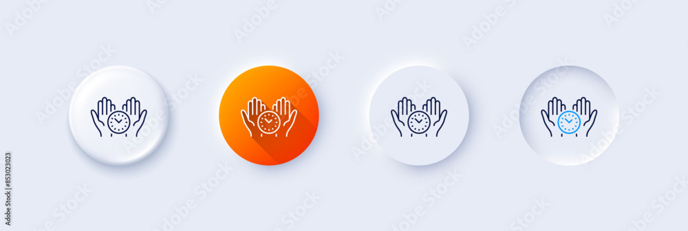 Safe time line icon. Neumorphic, Orange gradient, 3d pin buttons. Clock sign. Office management symbol. Line icons. Neumorphic buttons with outline signs. Vector Safe time line icon. Neumorphic, Orange gradient, 3d pin buttons. Clock sign. Office management symbol. Line icons. Neumorphic buttons with outline signs. Vector