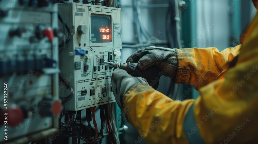 Electrical Maintenance Service: Engineer Using AC Voltmeter to Check Voltage at Circuit Breaker and Main Power Distribution Board Wiring