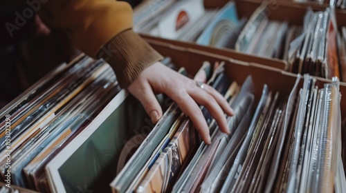 A person sorting through vinyl records, with a close-up of their hands and the colorful album covers