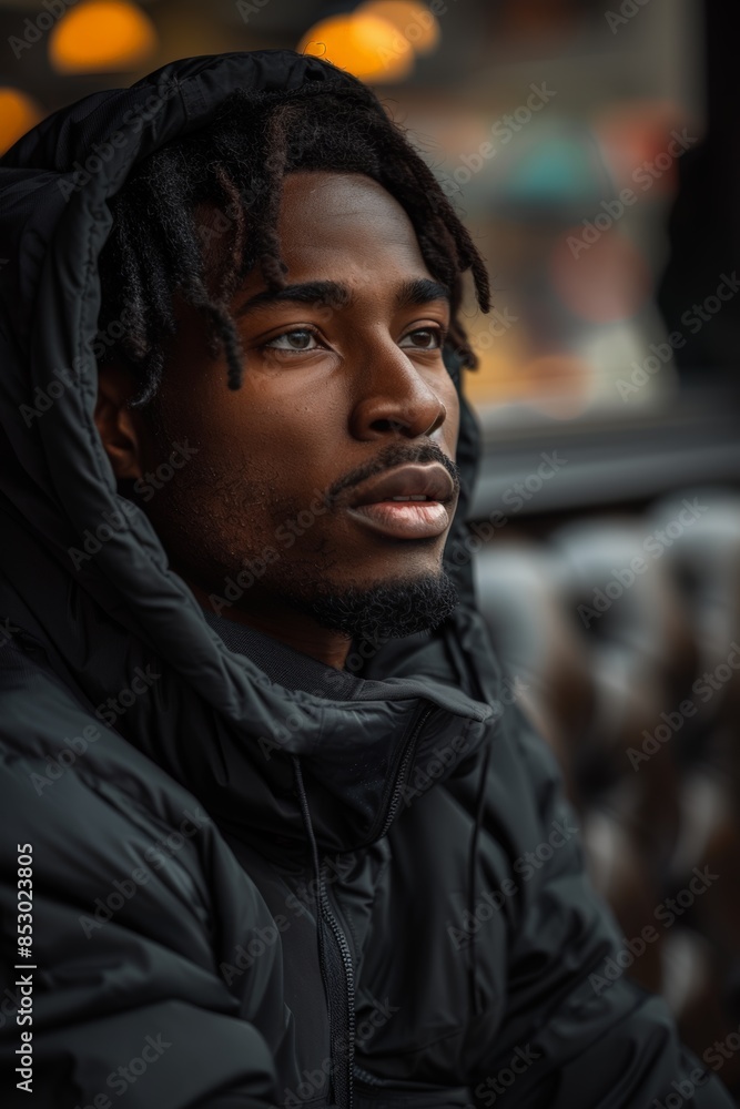Man in black hoodie sitting in studio Man in black hoodie sitting in studio
