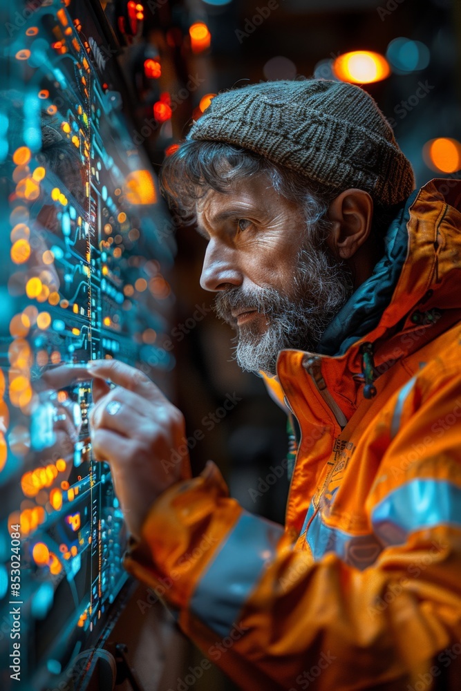 Man in orange jacket looking at display Man in orange jacket looking at display