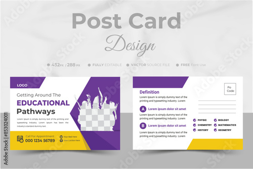 Postcard design template For Education or school admission design. stylish corporate postcard design. Simple and Clean Modern Minimal Postcard Template.