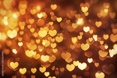 A blurred background of small, glowing hearts in various sizes and shades of gold against an out-of-focus brown backdrop