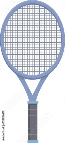 Tennis racket standing up, waiting to be used for a match during a sunny day