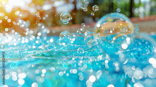 Close-up of colorful bubbles floating on blue water