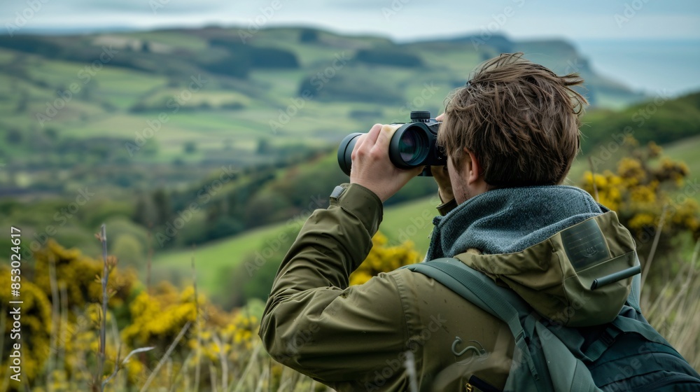 A person using binoculars to birdwatch, with a close-up of the binoculars and a scenic nature backdrop A person using binoculars to birdwatch, with a close-up of the binoculars and a scenic nature backdrop