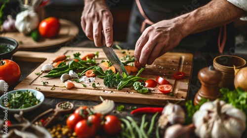 Hands of a cook chopping vegetables on a wooden cutting board, with an array of fresh produce and herbs around