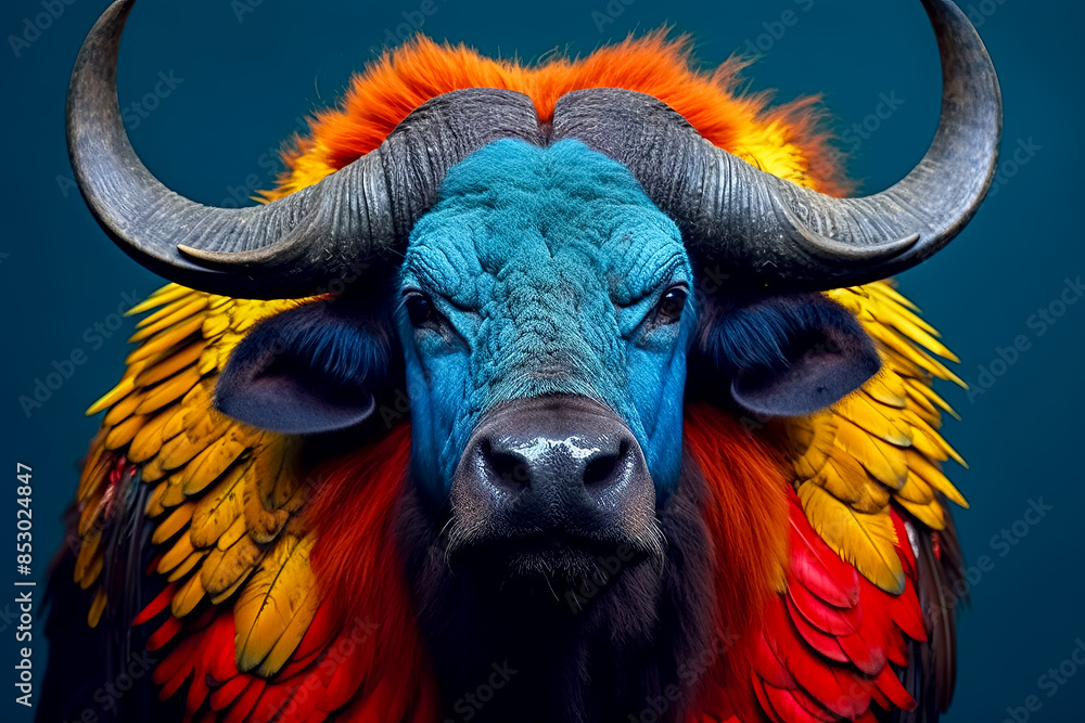 A bull with orange paint on its face and feathers adorning its horns A bull with orange paint on its face and feathers adorning its horns