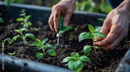 Hands of a gardener planting seedlings in a raised garden bed, with rich soil and gardening tools around