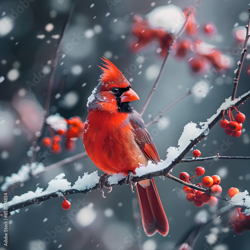 male cardinal in winter posing on a tree branch in the snow photo