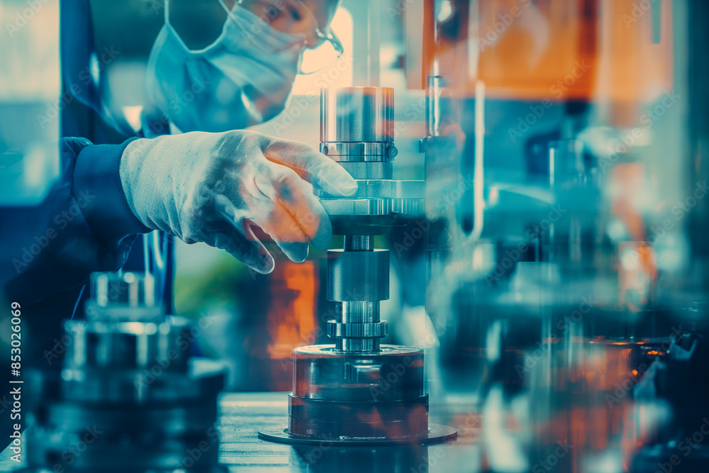 A man in a lab coat is wearing gloves and working on a machine A man in a lab coat is wearing gloves and working on a machine
