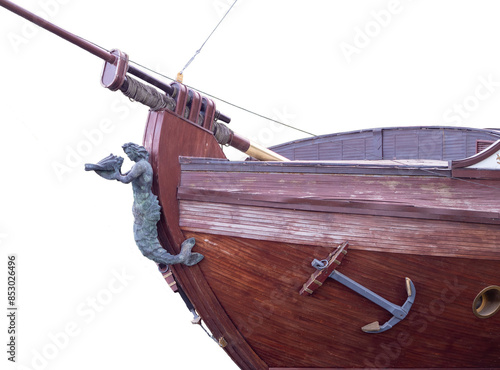 old wooden ship bow with figurehead isolated