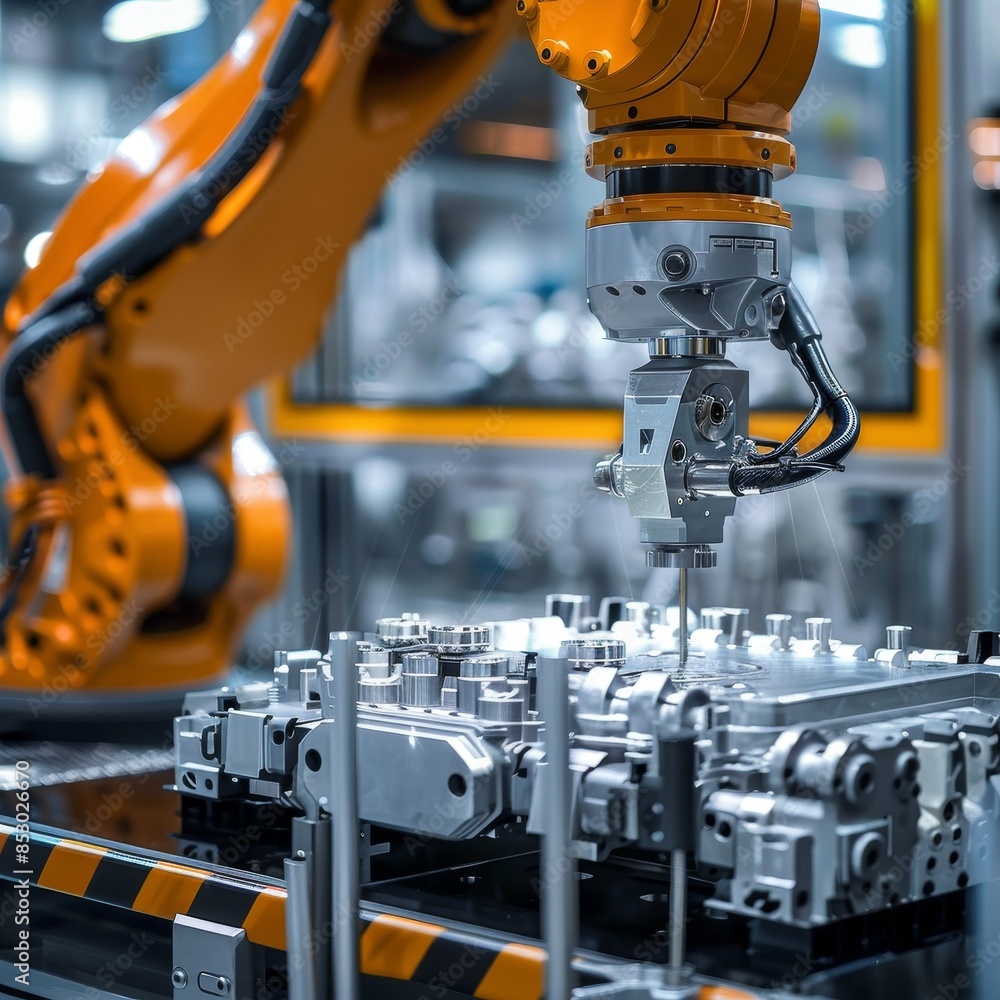 Precision Robotics, Close-up of Automated Robotic Arm Assembling Engine Components for Manufacturing Industry. Precision Robotics, Close-up of Automated Robotic Arm Assembling Engine Components for Manufacturing Industry.