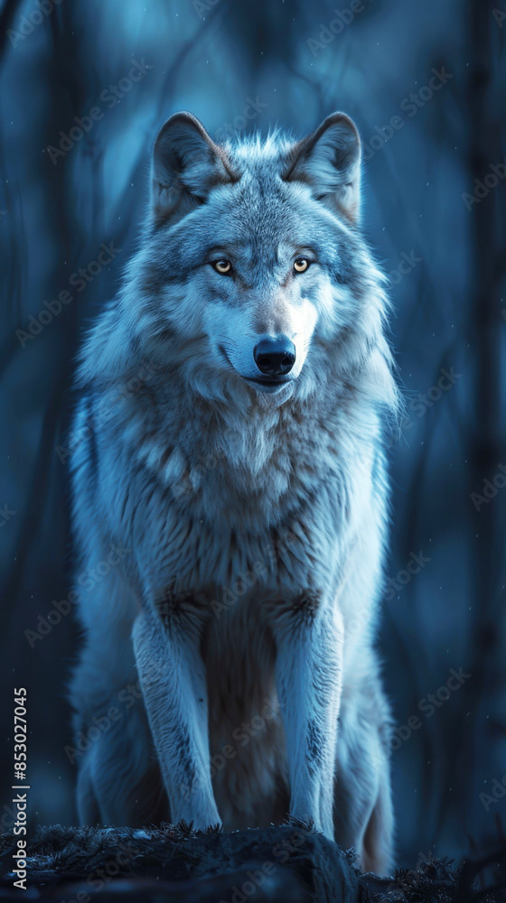 Fototapeta premium Majestic Wolf in Moonlit Forest with Intense Stare and Silvery Fur 