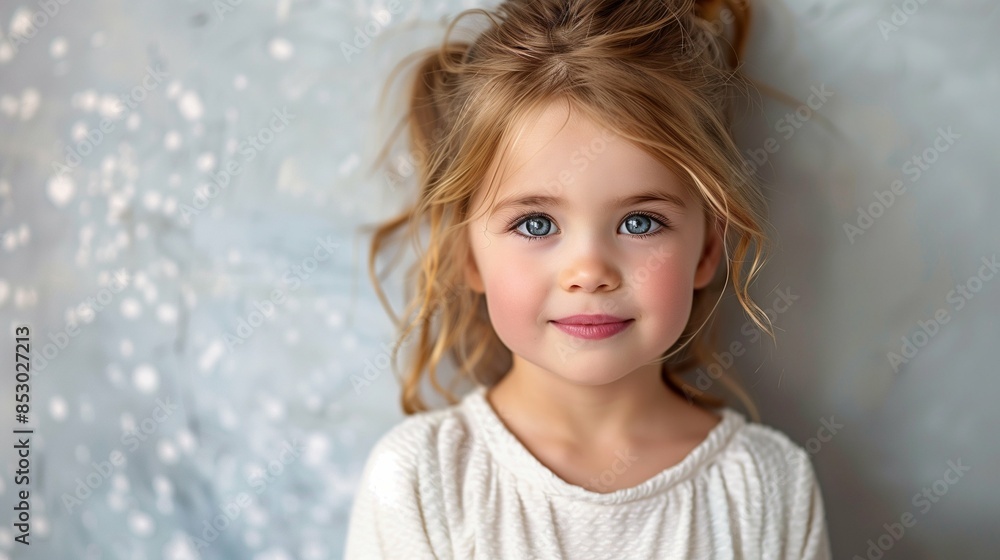 Cheerful Young Girl Smiling Brightly Against a Minimalistic White Background, Exuding Innocence and Joy Cheerful Young Girl Smiling Brightly Against a Minimalistic White Background, Exuding Innocence and Joy