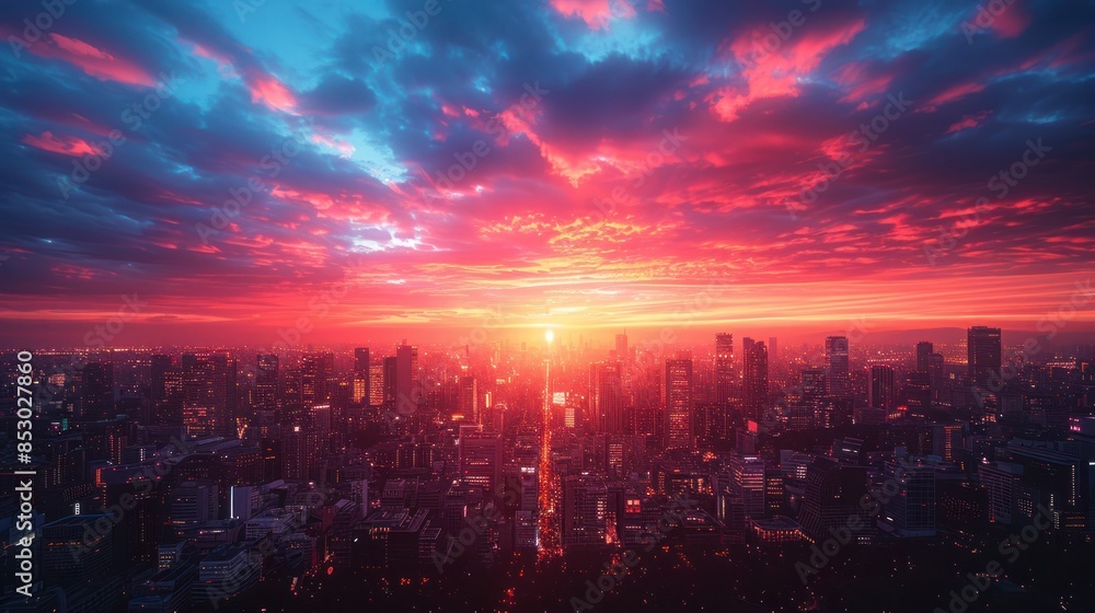 Dazzling urban sunset painting the sky in fiery hues Dazzling urban sunset painting the sky in fiery hues