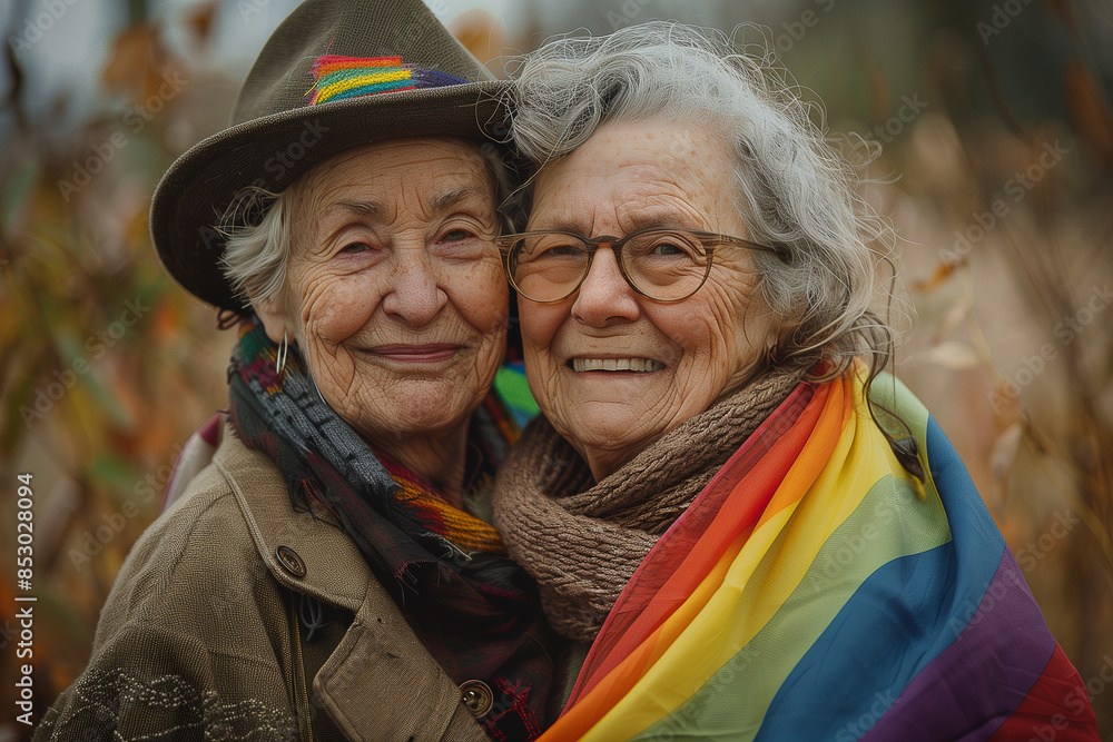 Happy lesbian couple hugging below LGBTQ flag. Happy lesbian couple hugging below LGBTQ flag.