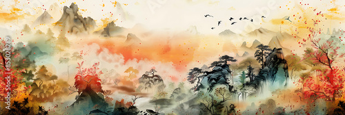 Chinese style watercolor painting of valley and flowers , panorama wallpaper, the beauty of sensitive lines