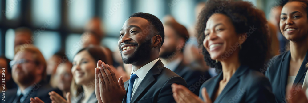 Enthusiastic professionals applauding at a business conference. A powerful image for conveying success, teamwork, and positive business outcomes. For corporate presentations and marketing materials Enthusiastic professionals applauding at a business conference. A powerful image for conveying success, teamwork, and positive business outcomes. For corporate presentations and marketing materials