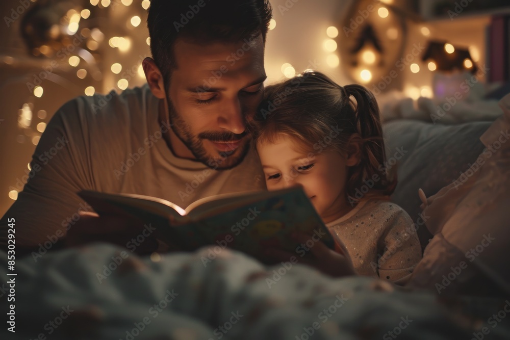 Dad and daughter read a book before bed in a cozy room with dim lights. Concept of family relationship between parents and children. Family leisure. Dad and daughter read a book before bed in a cozy room with dim lights. Concept of family relationship between parents and children. Family leisure.