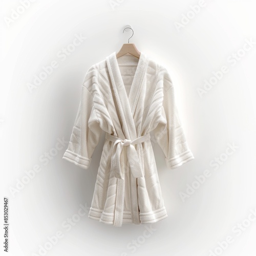 Eye-level perspective of a chic, contemporary spa robe, rich fabric draped on a velvet hanger, minimalist background, enhanced with meticulous CG 3D rendering © G.Go