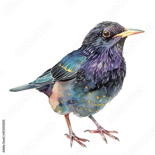 Handmade Watercolor Clipart: Vibrant Baby Starling in Mid-Flight