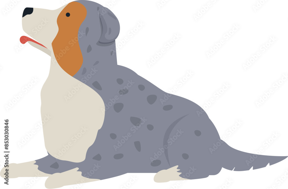 Blue merle australian shepherd dog laying down and panting, side view, in cartoon style Blue merle australian shepherd dog laying down and panting, side view, in cartoon style