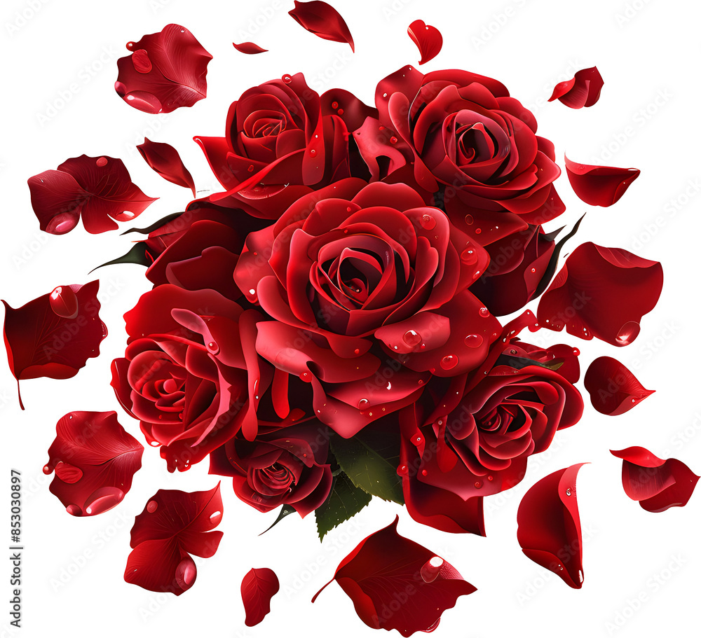 bouquet of red roses with scattered rose petals on transparent background bouquet of red roses with scattered rose petals on transparent background