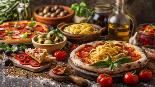 Wallpaper Mural A festive gathering featuring a large pepperoni pizza on a communal table, surrounded by platters of assorted finger foods and dips, amidst a lively party atmosphere with colorful. Torontodigital.ca