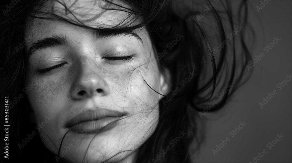 Monochrome shot of a woman with her eyes closed and her hair slightly moving. The play of shadows and light creates depth and contrast, adding dynamics to a static composition. Monochrome shot of a woman with her eyes closed and her hair slightly moving. The play of shadows and light creates depth and contrast, adding dynamics to a static composition.