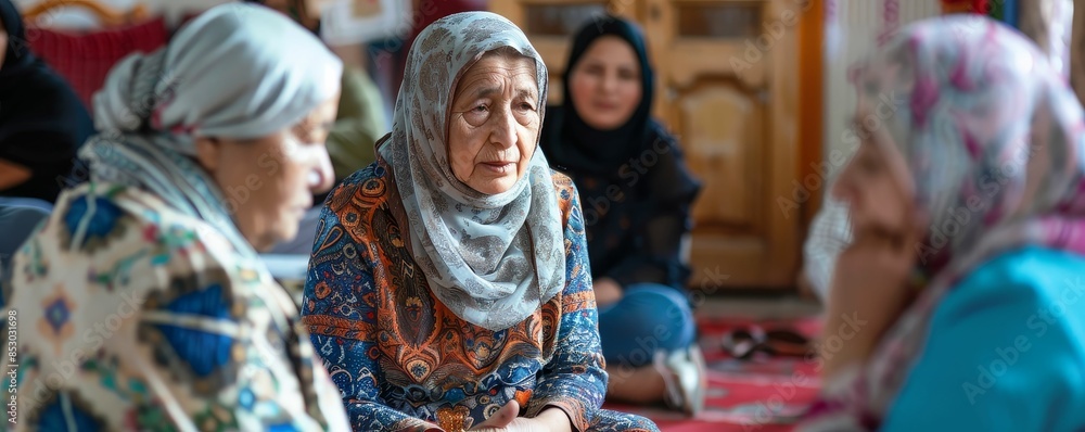 An elderly care program at a mosque, where senior members share wisdom and stories with younger generations An elderly care program at a mosque, where senior members share wisdom and stories with younger generations